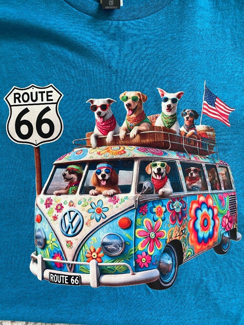 NWT Route 66 Dogs VW Bus Turquoise Graphic Tee - Size Small
